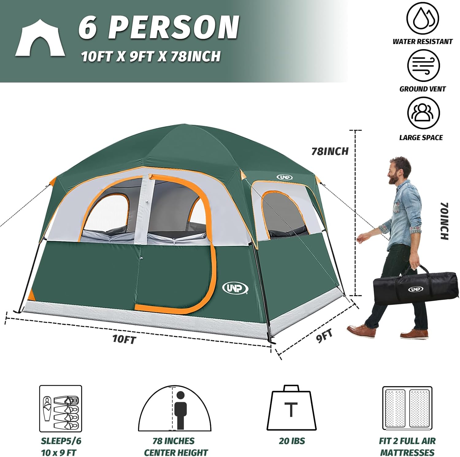 UNP 6 Person Tents for Camping Waterproof Family Cabin Tent with Rainfly