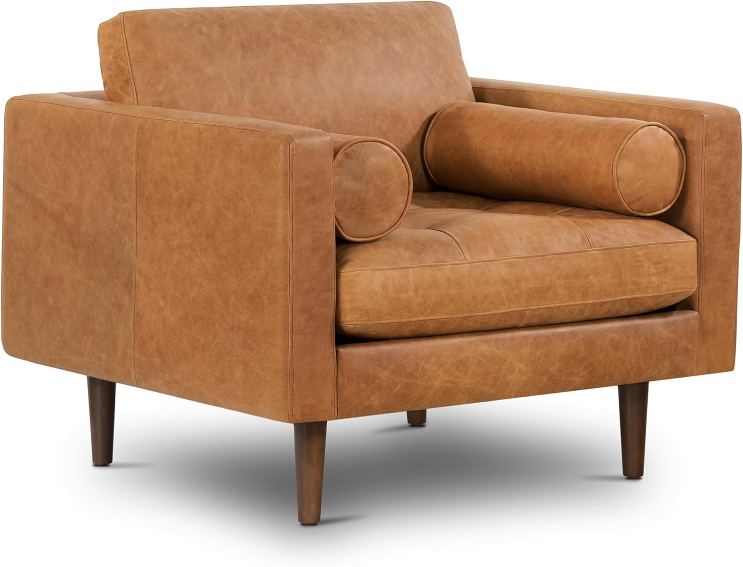 Poly & BARK 55" Tufted Leather Bed Bench for Bedroom End of Bed - Living Room Entry Way Bench - Pure Italian Leather Upholstery with a Solid Wood Frame - Ottoman Bench with Wooden Legs - Cognac Tan