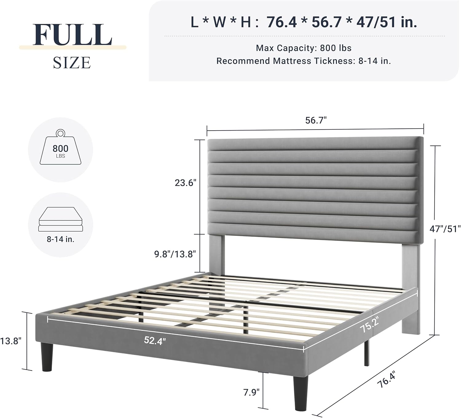 Allewie Queen Bed Frame, Velvet Upholstered Platform Bed with Adjustable Headboard, Horizontal Channel Design, Wood Slat Support, No Box Spring Needed, Noise Free, Easy Assembly, White