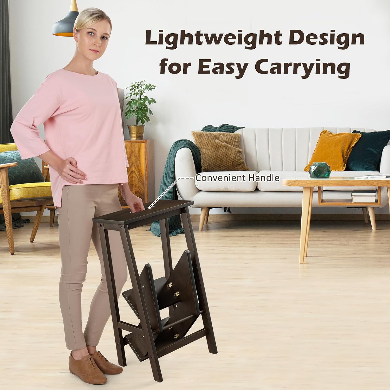 Costzon Folding 3 Step Stool, 3 in 1 Wooden Step Ladder with Handle, Non-Slip Pedal, Multifunctional Storage Shelf, Flower Rack for Kitchen, Library, Garage, Foldable Step Stool for Adults Kids