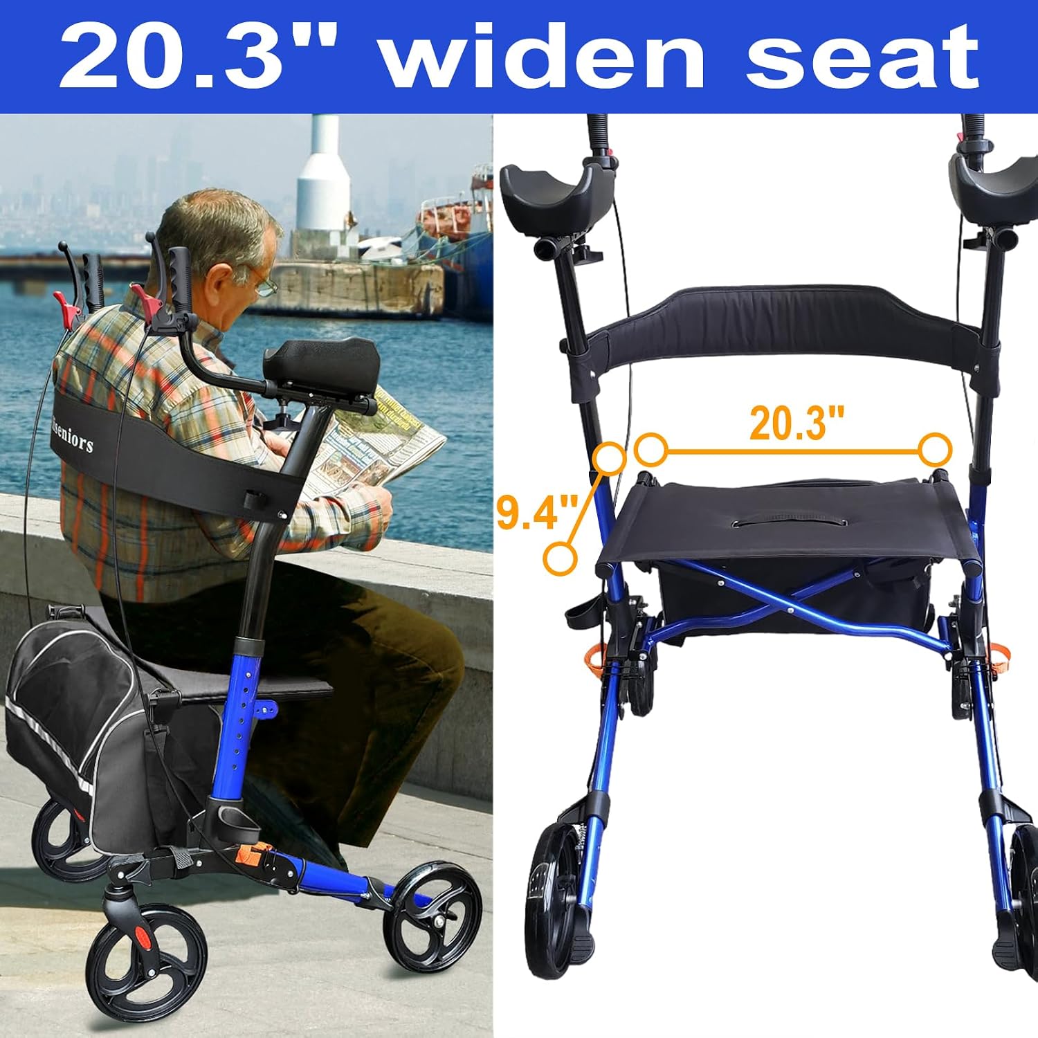 Aliseniors Upright Walker for Seniors - Big Stand Up Walker with Wide Seat, Foldable 4 Wheel All-Terrain Rolling Walker, Adjustable Armrests, 300lbs, Improves Posture & Reduces Back Strain | 20.6" Wide Seat, Foldable Rollator, 8" All-Terrain Wheels, Adju…