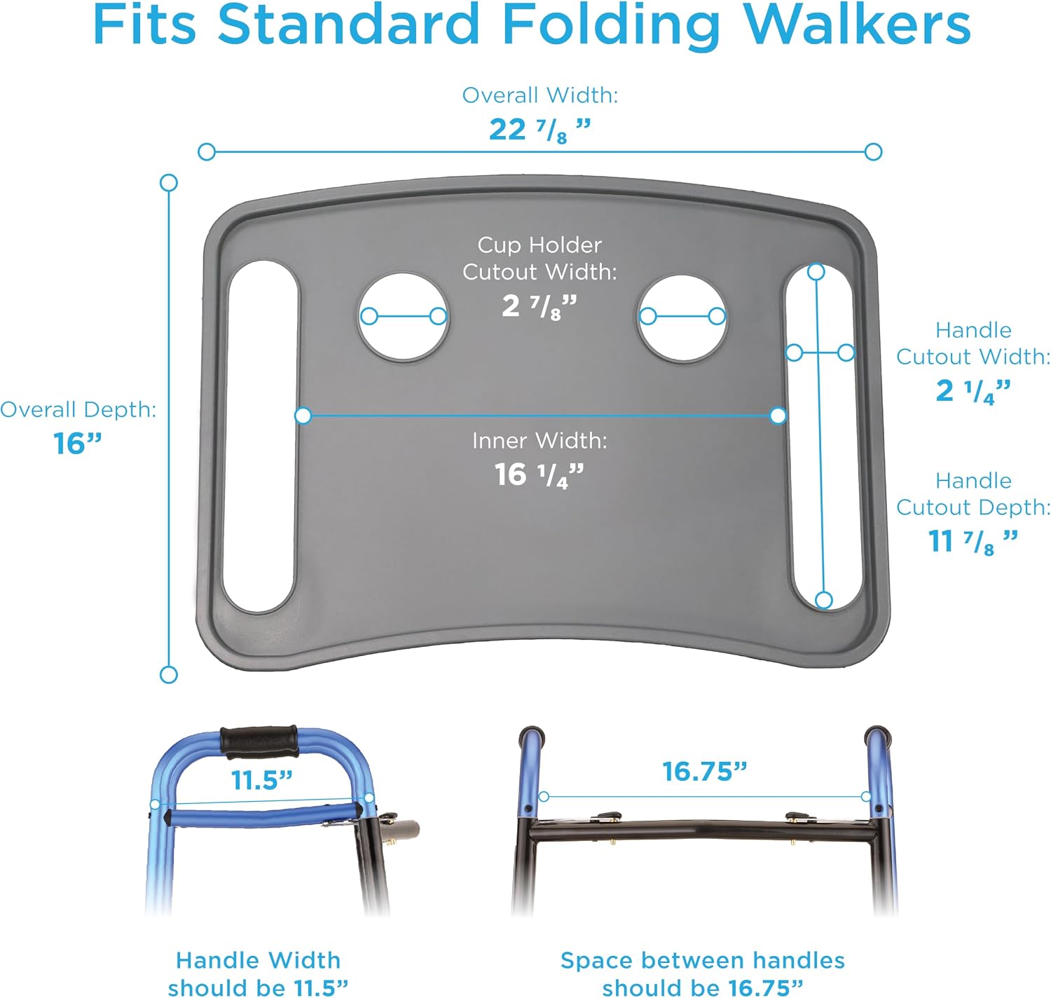 NOVA Walker Tray Table with Spill-Proof Raised Edges and Two Cup Holders and for Seniors, Standard Folding Walker Accessory, 16 x 23 Inch
