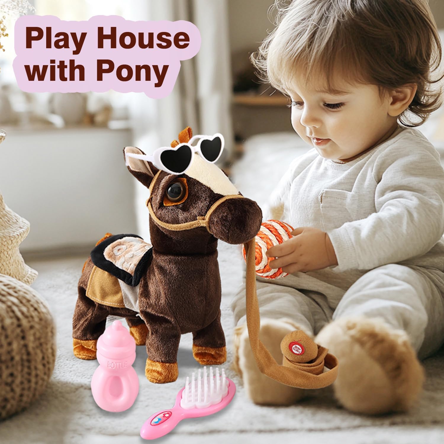 Marsjoy Walking Pony Toy Musical Singing Dancing Plush Interactive Pony Walk Along Horse with Leash Plush Stuffed Animal Shaking Head Buttocks Toy