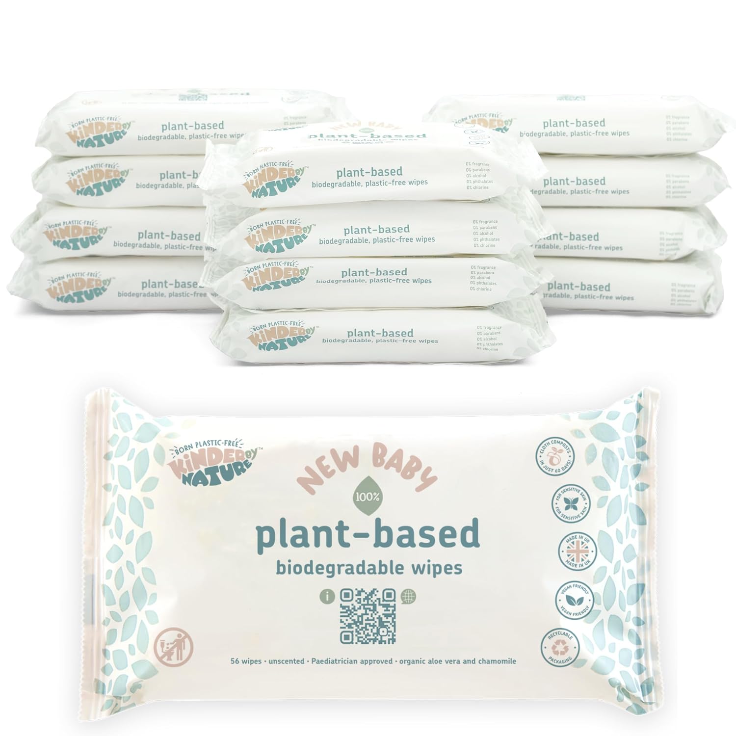 Kinder by Nature Plant Based Baby Wipes - 100% Biodegradable & Compostable, 672 Count (12 Packs of 56) - 99% Plant-Based Ingredients