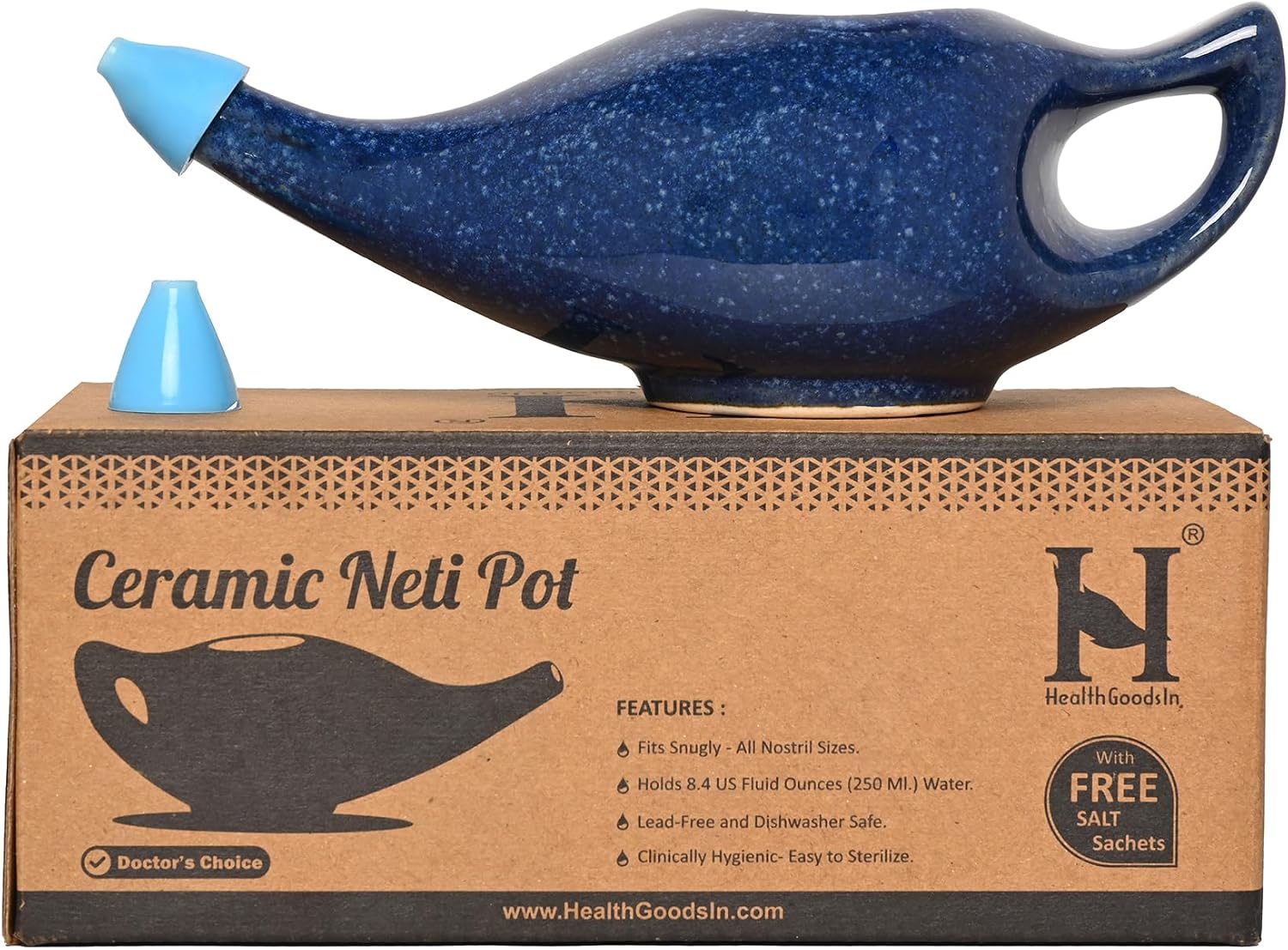 Ceramic Neti Pot Sinus Rinse Nasal Wash with Salt, Dishwasher Safe, 225 Ml. Capacity (Blue Dapple)