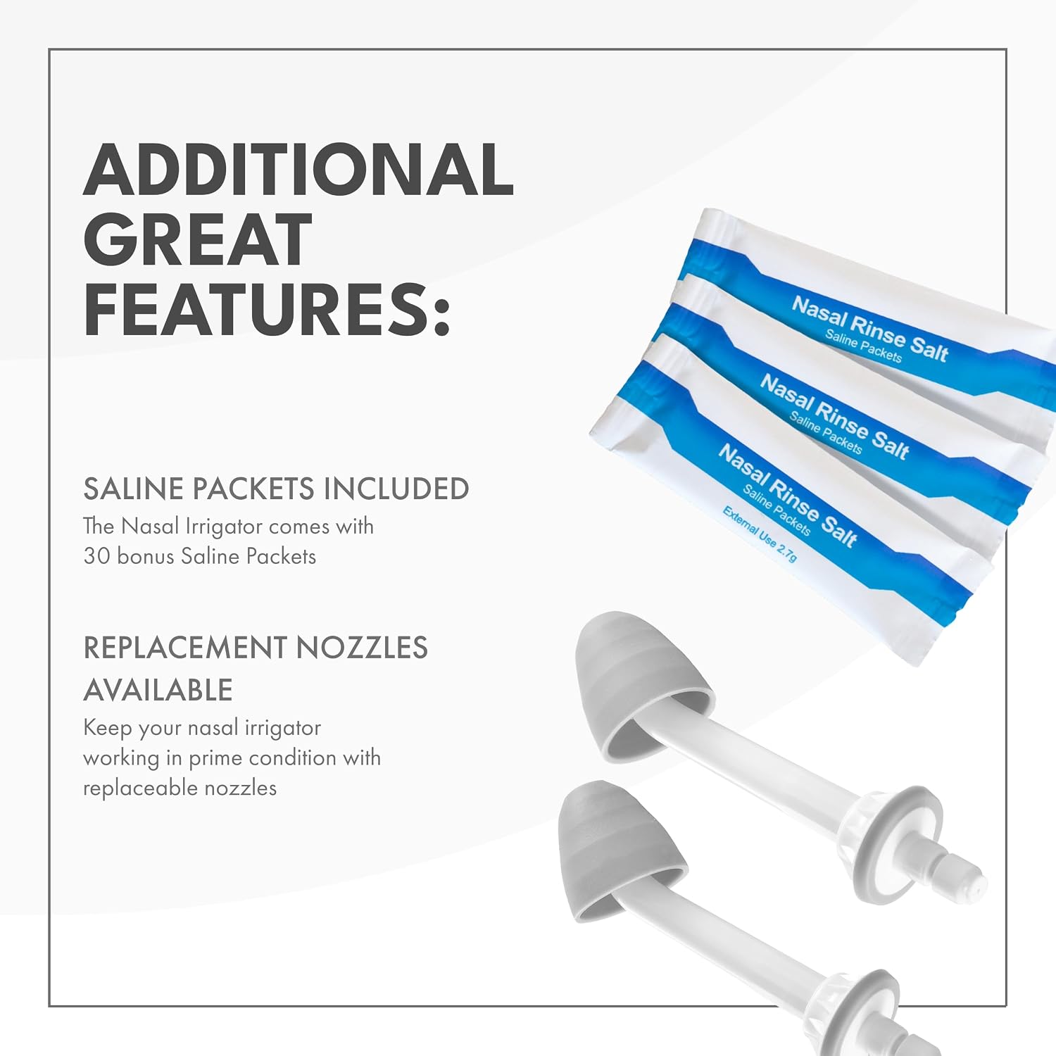 Nasal Irrigator with Bonus 30 Saline Packets - Irrigation for Sinus Relief - Nose Cleaner Aspirator System - Waterproof - 3 Pressures: Normal, Soft
