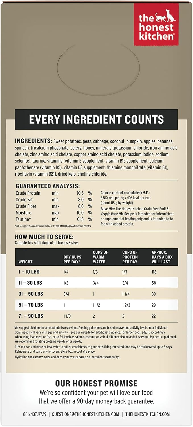 The Honest Kitchen Dehydrated Grain Free Fruit & Veggie Base Mix Dog Food (Just Add Protein), 3 lb Box