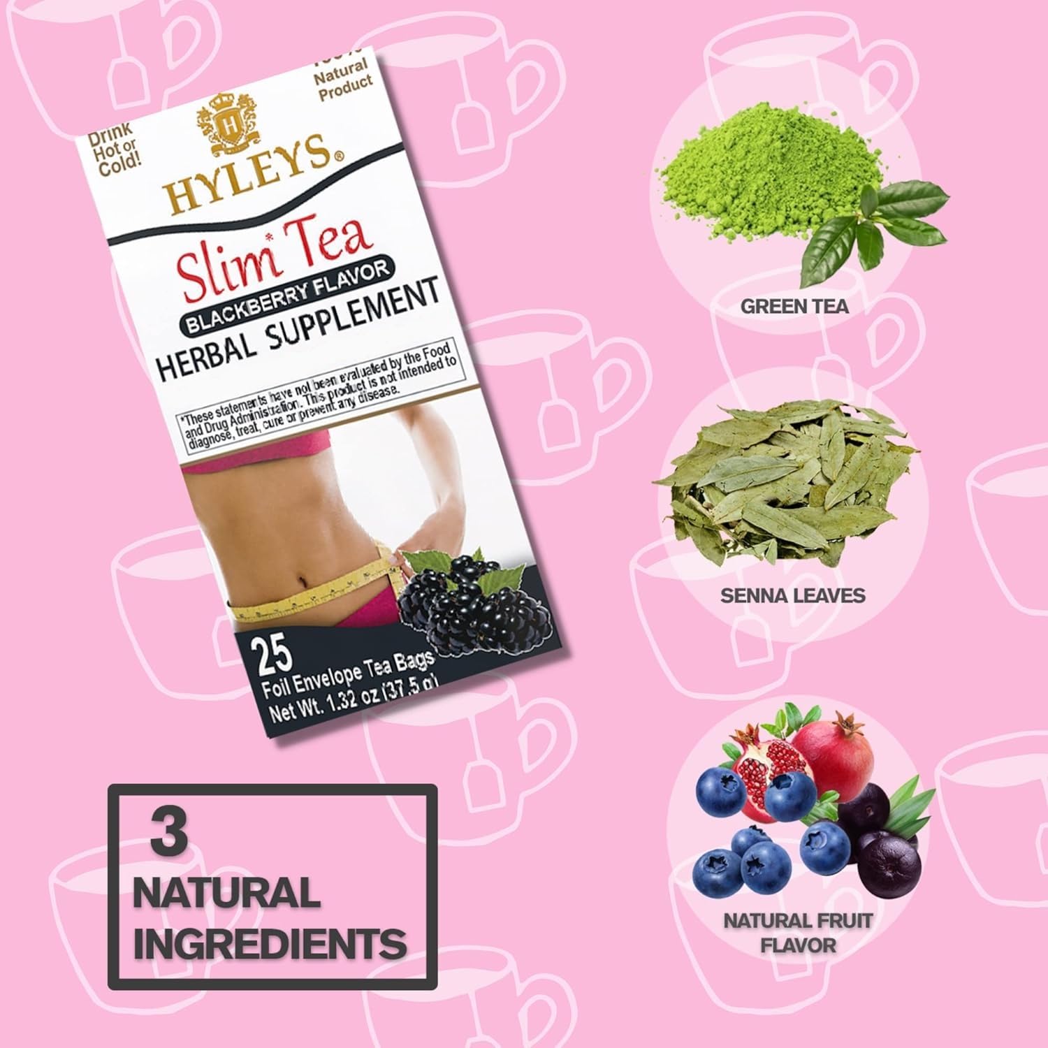 HYLEYS Slim Tea Goji Berry, Weight Loss Detox, Slimming Diet Tea, 25 Bags | Green Tea, Senna Detox & Cleanse, 3 Natural Ingredients, No Added Sugar, 1-Step Bedtime Routine, Supports Digestion