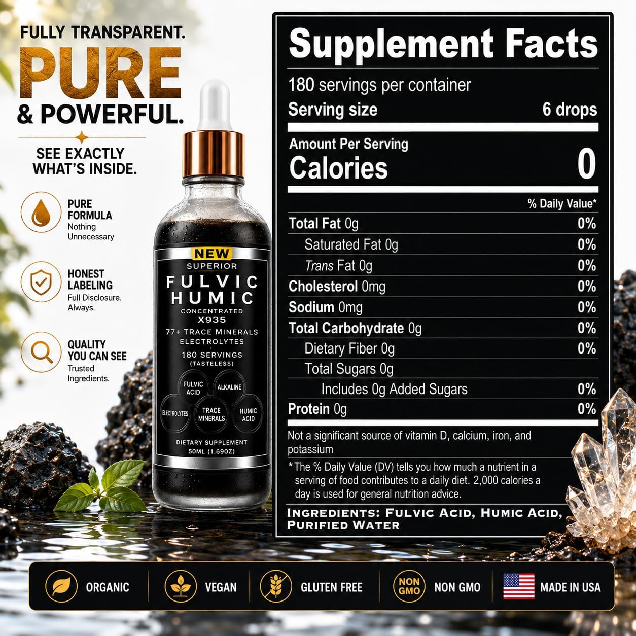 Fulvic Humic Mineral Blend Drops – 77+ Trace Minerals & Electrolytes