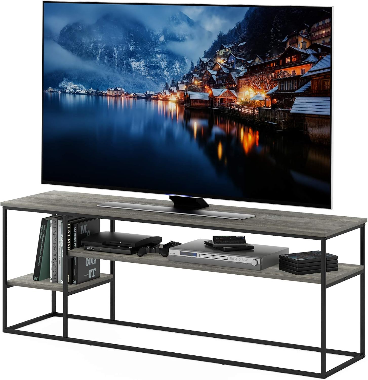 Furinno Moretti 3-Tier Metal Frame TV Stand, French Oak Grey