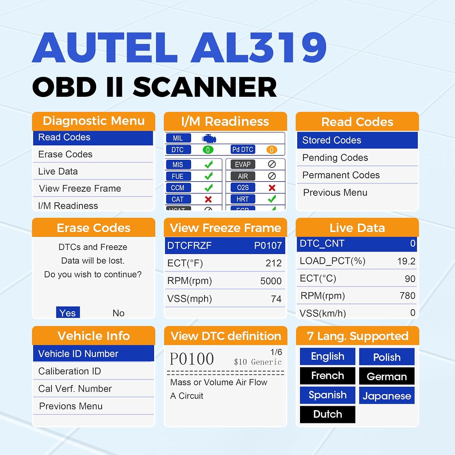 Autel AL319 Professional OBD2 Scanner, Enhanced Check Engine Code Reader | Reset Fault Code, Live Data, Freeze Frame