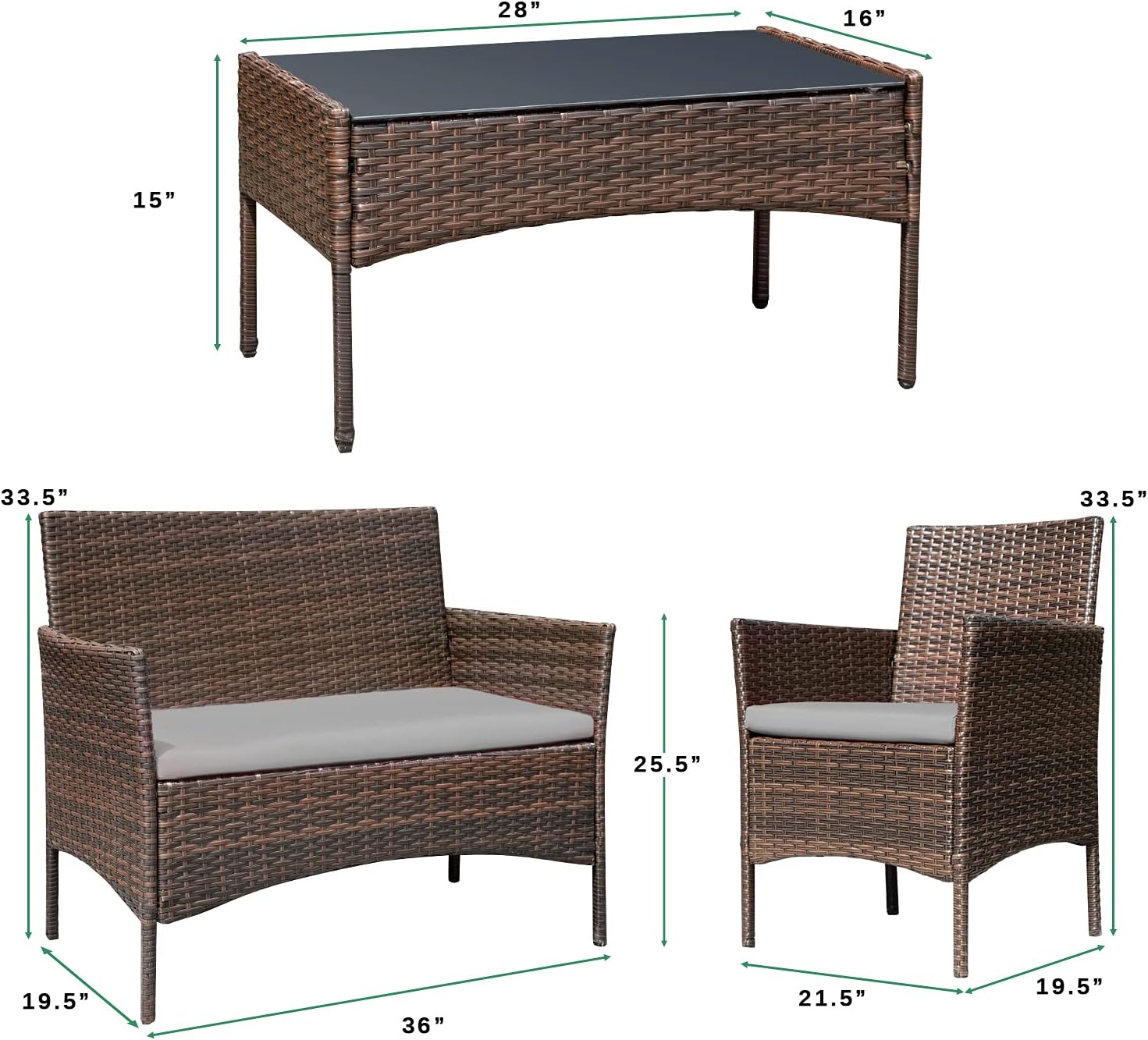 Greesum Patio Furniture 4 Pieces Conversation Sets,Brown and Beige