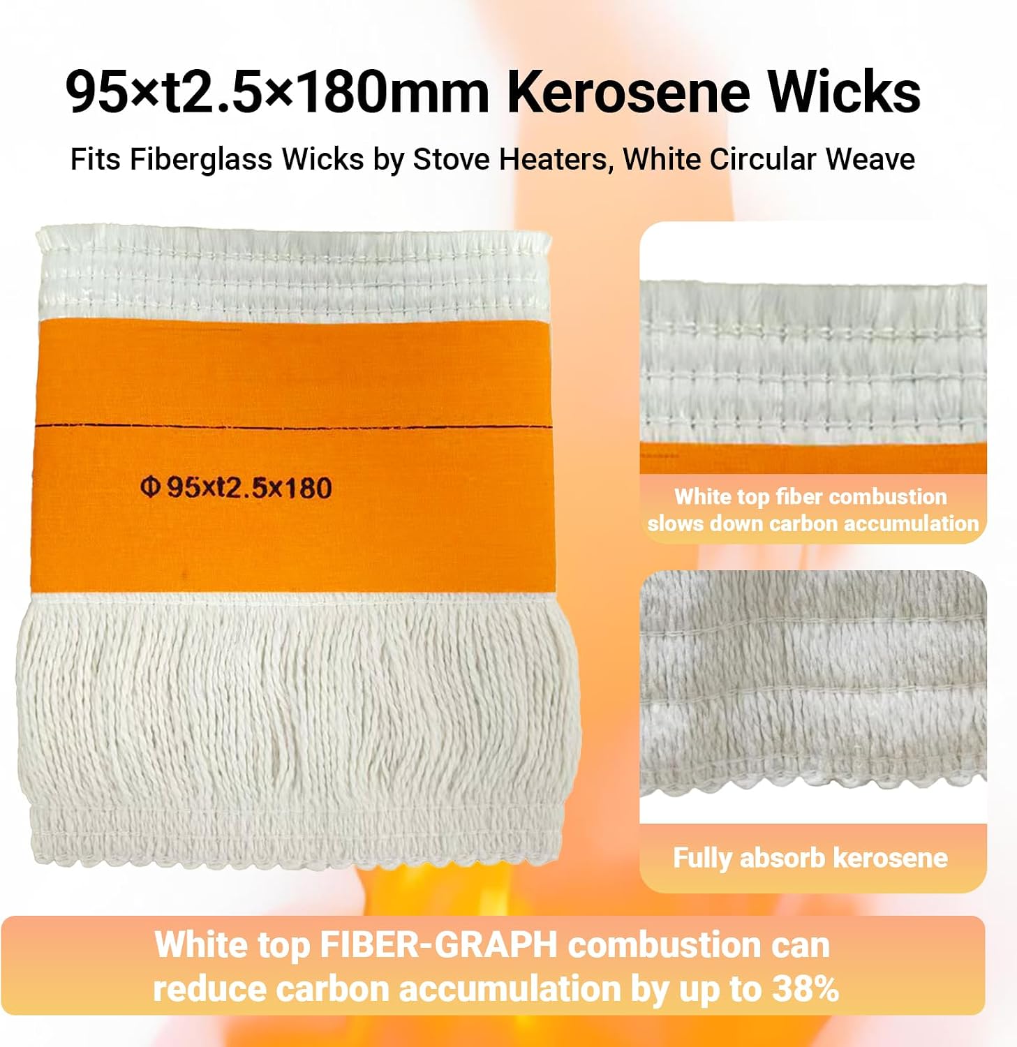95x2.5Tx180mm Kerosene Heater Wick, Smokeless Fiberglass and Cotton Replacement Wick for Indoor Outdoor Use