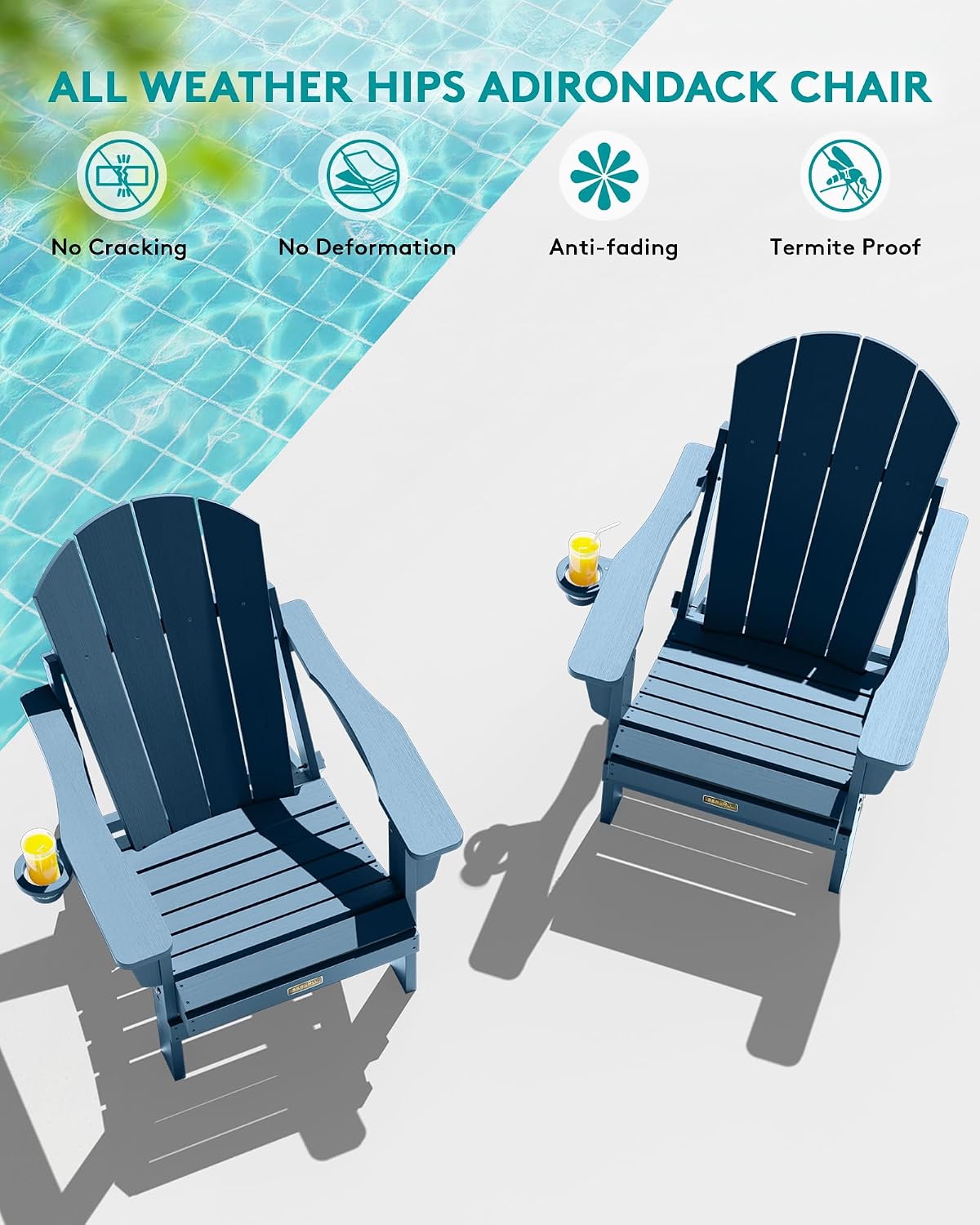 SERWALL Folding Adirondack Chairs with Cup Holder, Outdoor Fire Pit - Blue