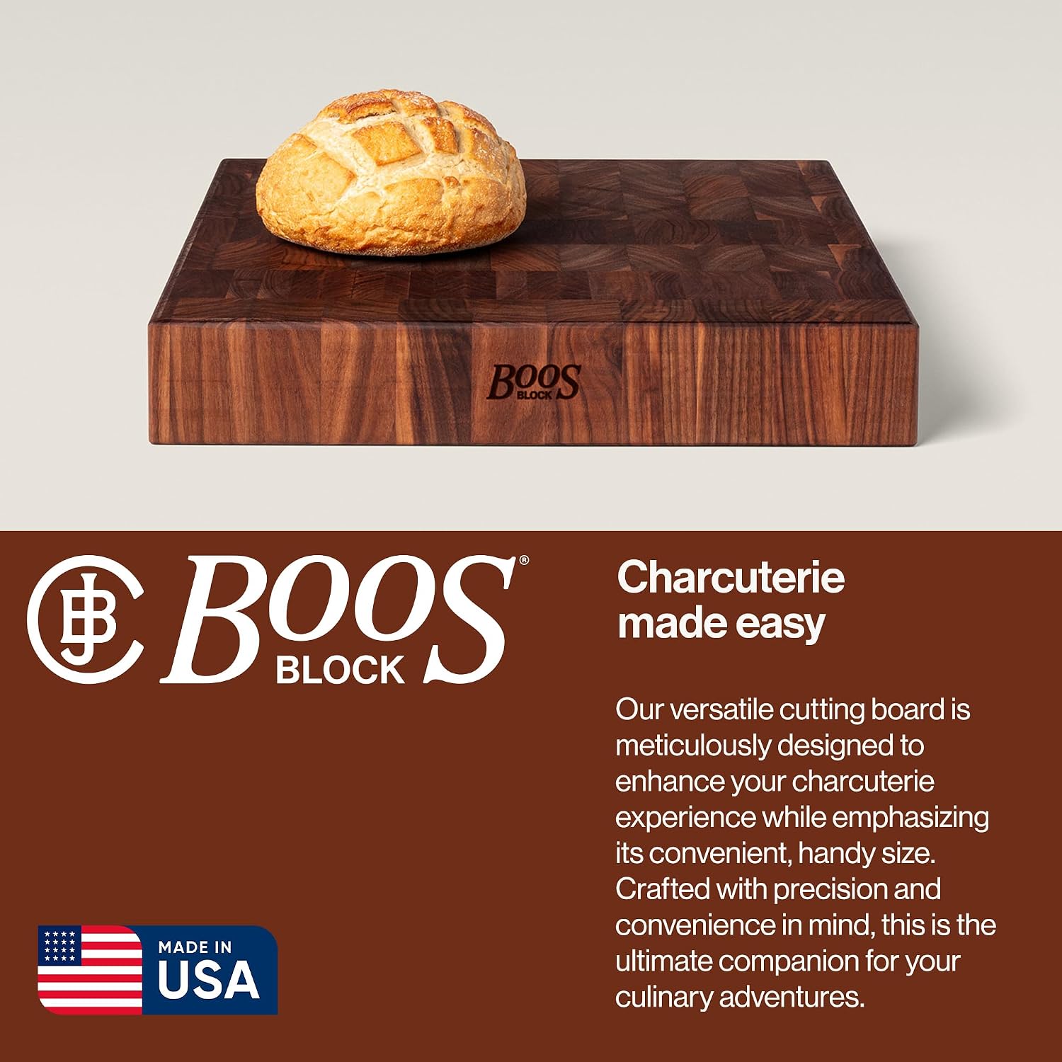 John Boos CCB Series Square Wooden Maple Cutting Board 12”x12” – 3” Thick, 13-lb Reversible Butcher Block with End-Grain & Finger Grips – Made in the USA