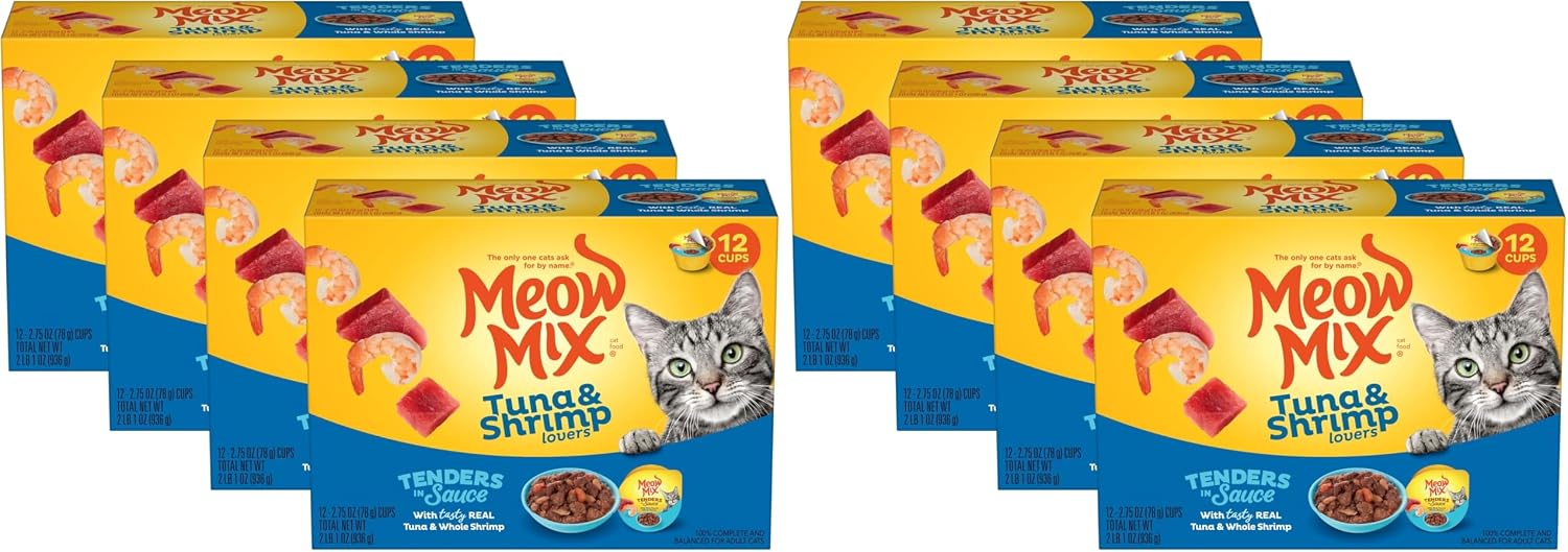Meow Mix Tenders in Sauce, Wet Cat Food with Tuna & Whole Shrimp, 12 Cups
