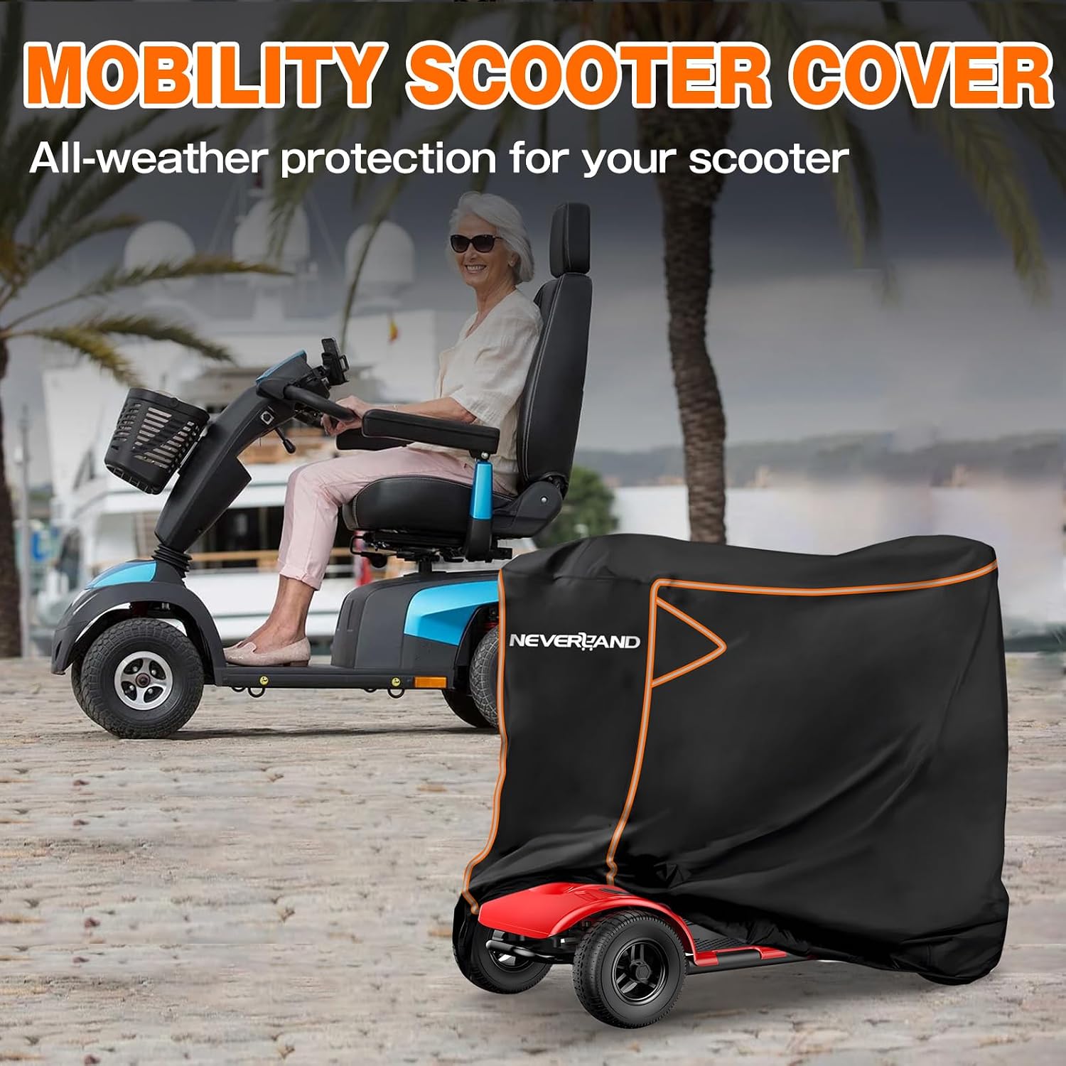 NEVERLAND Mobility Scooter Cover Waterproof 56"L x 26"W x 38"H | Reflective Strips, Adjustable Buckles, UV Protection, Rainproof, for Pride GoGo Rascal Hamar 3 or 4 Wheel Scooter