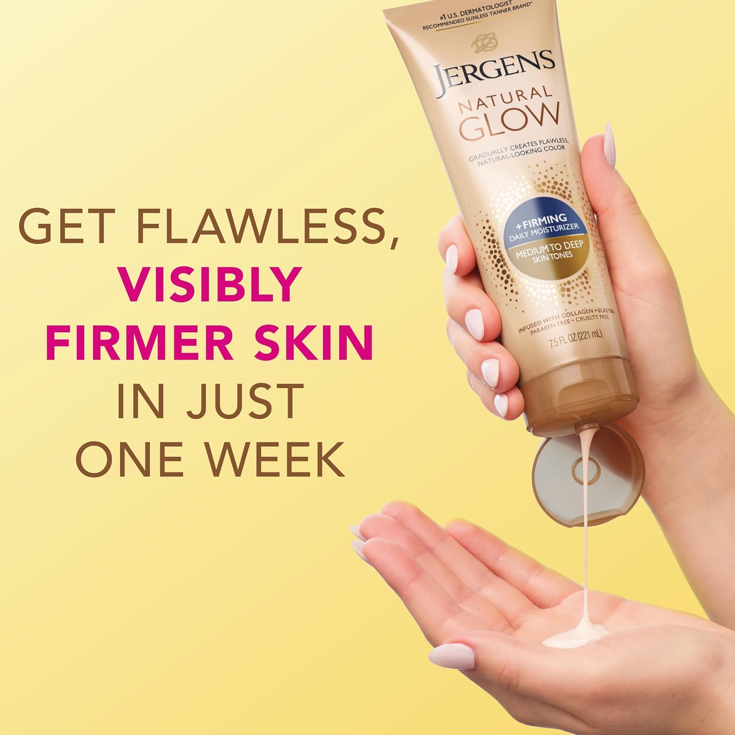 Jergens Natural Glow +Firming Self Tanner Body Lotion, Fair to Medium Skin Tone, Sunless Tanning Moisturizer with Collagen and Elastin. Helps to Visibly Reduce Cellulite, 7.5 Fl Oz | Sunless Tanning Moisturizer, Collagen and Elastin Formula, Reduces Cell…