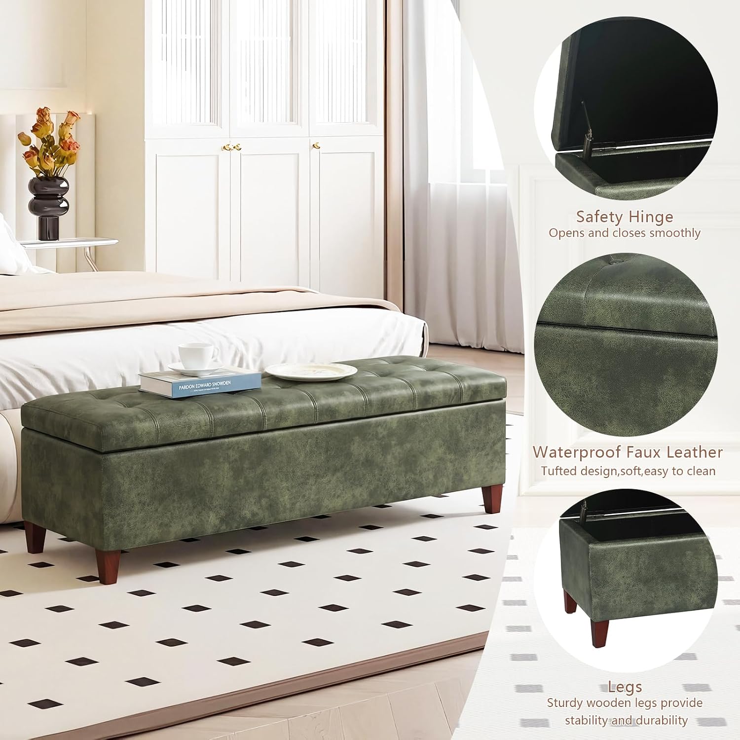 51 Inch Storage Bench,Leather Tufted Storage Ottoman with Legs | Safety Hinges,Wooden Legs,Upholstered,End of Bed,Bedroom,Living Room,Entryway,330LBS,Brown