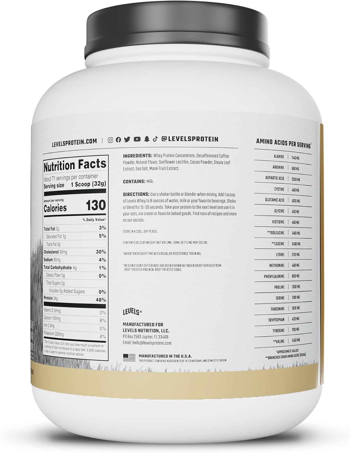 Levels Whey Protein Powder, No Artificial Ingredients, Pure Chocolate, 5LB | 24G of Protein, 5.4G BCAAs, Clean Ingredients, Hormone Free Dairy, No Fillers, No Added Sugar, No Junk