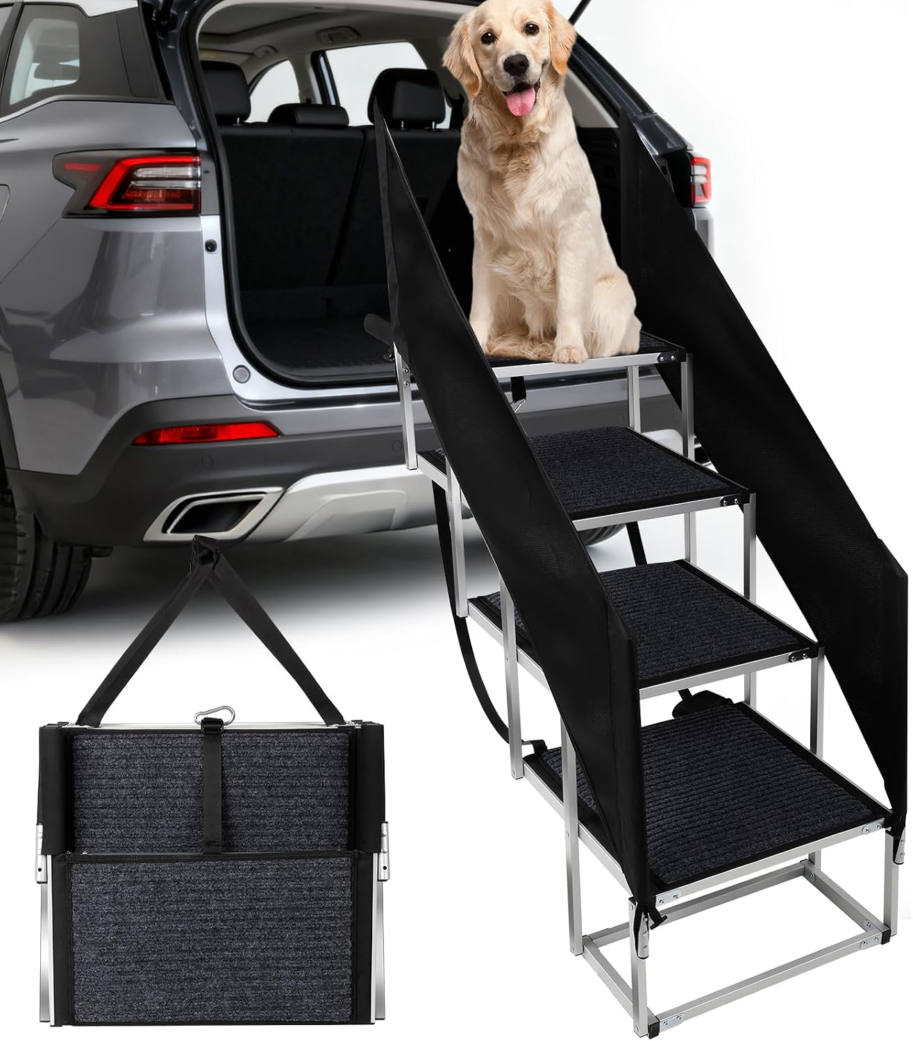 Deergym Dog Stairs for Large Dogs - 5 Step Wide 16in High 34in Foldable Dog Ramp for Car Non-Slip Surface Support up to 230lbs - Suitable for SUV,Truck, Sofas, Bed