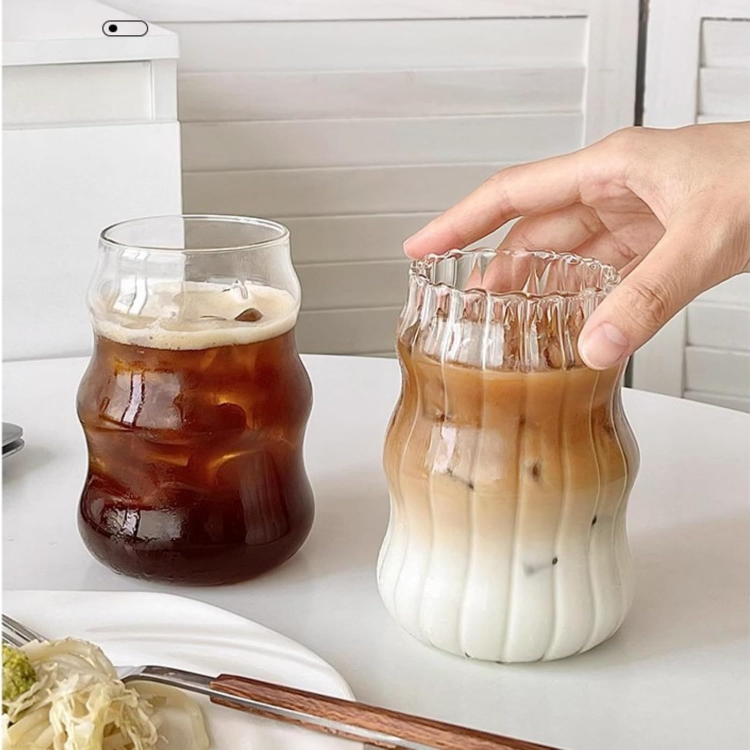 2 Pcs Ribbed Glass Cups, 18 Oz Vintage Drinking Glassware with Wave Design | Iced Coffee Cups Glass, Matcha Glass Bubble Cups for Iced Coffee, Juice