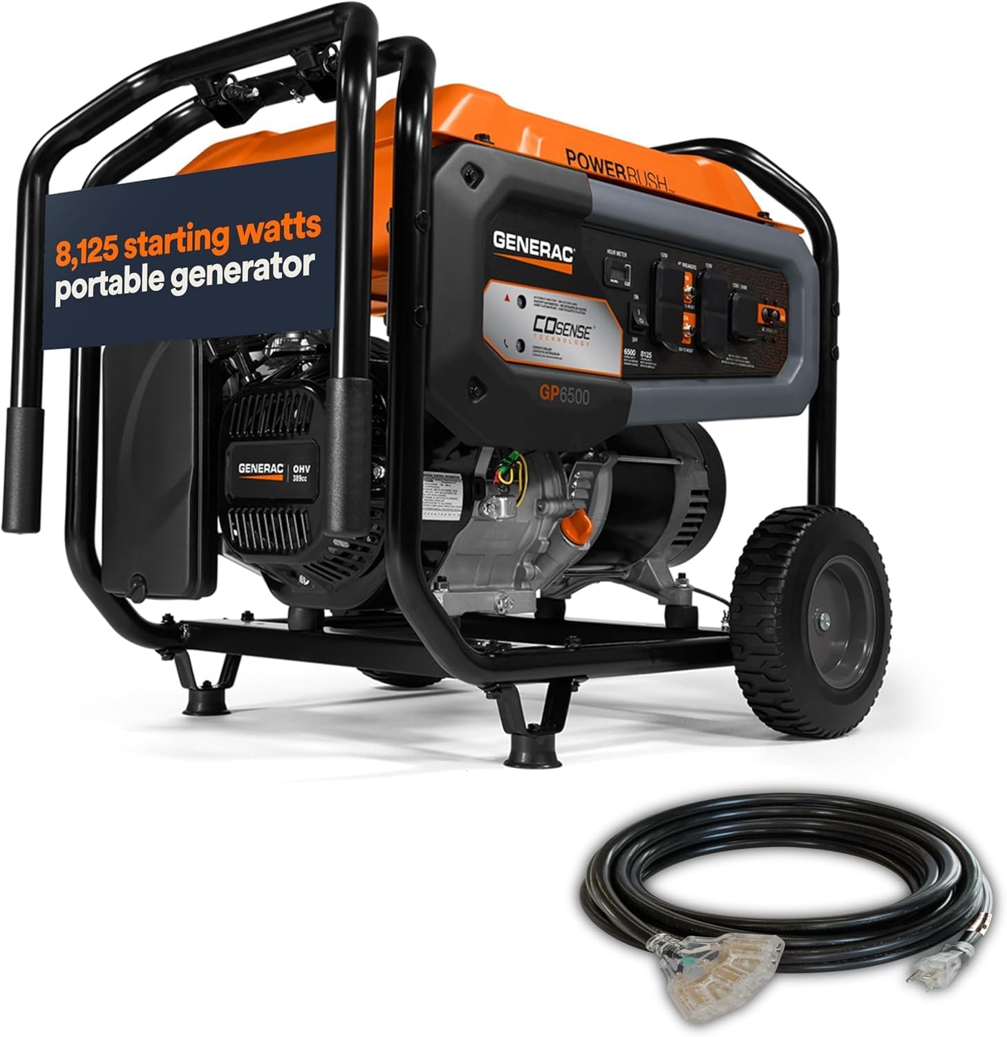 Generac 12,500 Starting Watt Tri-Fuel Portable Generator, Electric Start | Gas, Propane, Or Natural Gas Fuel Options, COsense CO Detection, 9.5 Hour Runtime, Emergency Home Backup, 49 State Compliant