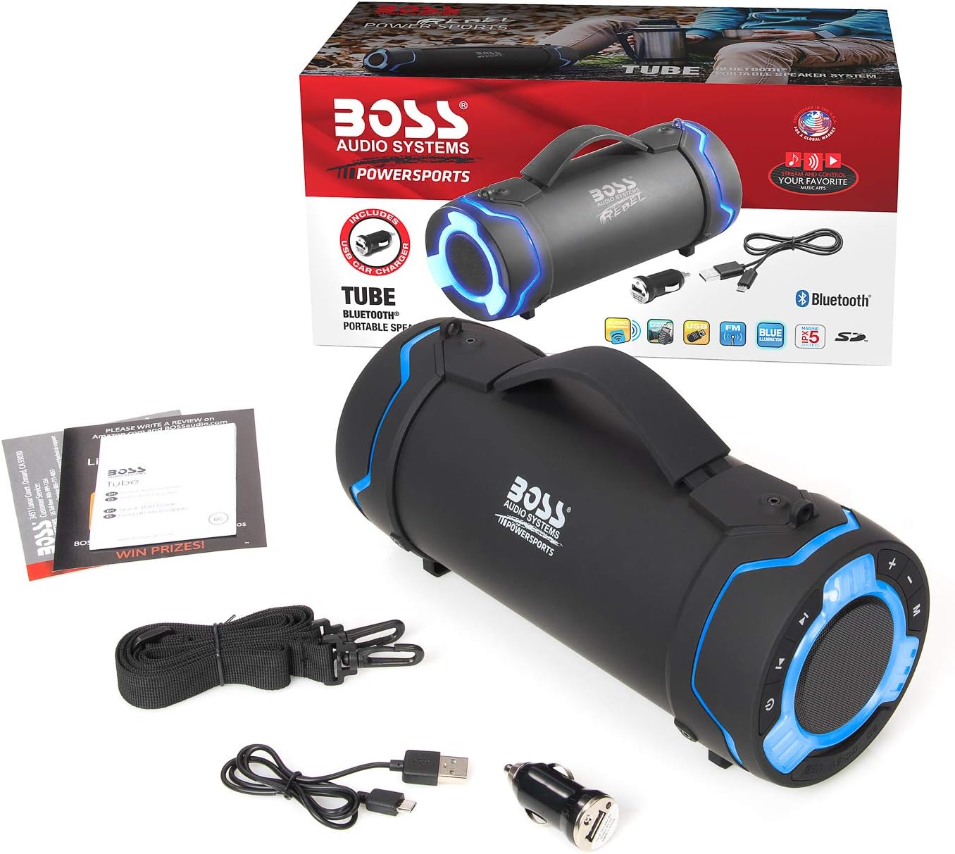 BOSS Audio Systems Tube Portable Weatherproof Bluetooth Stereo Speaker - 3-Inch, Full Range, Tweeters, 8 Hours of Play Time, Sold Individually