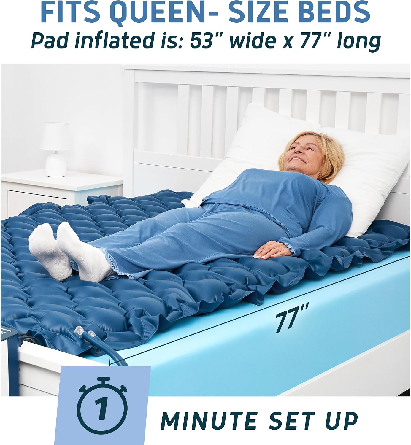 Lunderg PressuRelief Alternating Air Pressure Mattress Pad with Static Mode | With Snap-2-Pad Comfort Layer - Quiet Pump, Comfortable Bed Sore Prevention Mattress Topper for Hospital Bed or Home