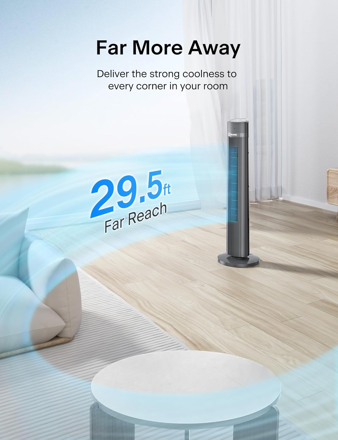 PELONIS 40-inch Bladeless Tower Fan for Bedroom, Standing Fan with Remote Control, 26ft/s, 90° Oscillation, 3 Speed Settings, 27 dB, 3 Modes