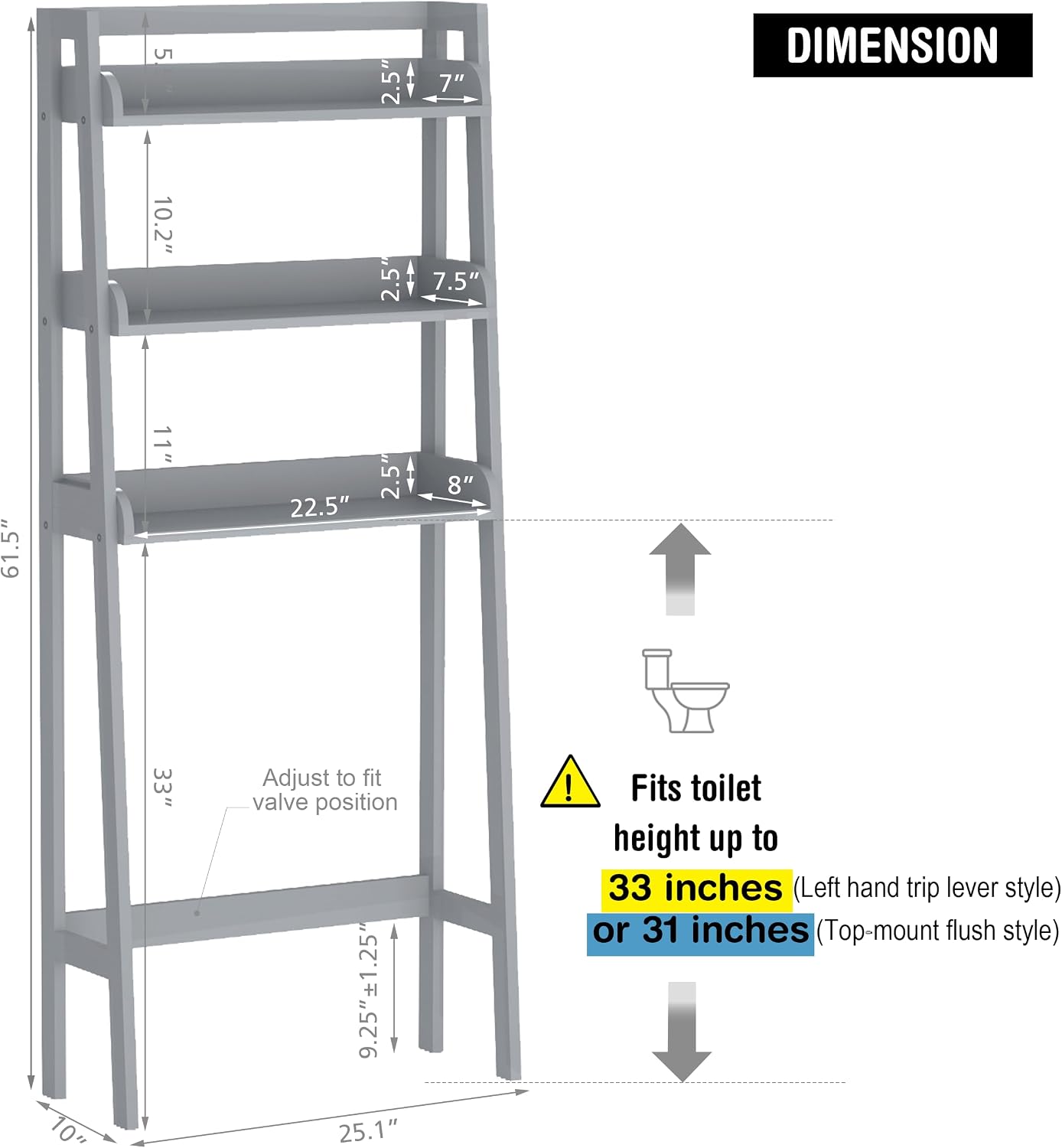 UTEX Over The Toilet Storage Shelf, 3-Tier Bathroom Organizer, White | FSC-Certified MDF, Open Ladder Design, Adjustable Lower Crossbar, Anti-tip Hardware, 33-Inch Clearance, Raised Side Guards