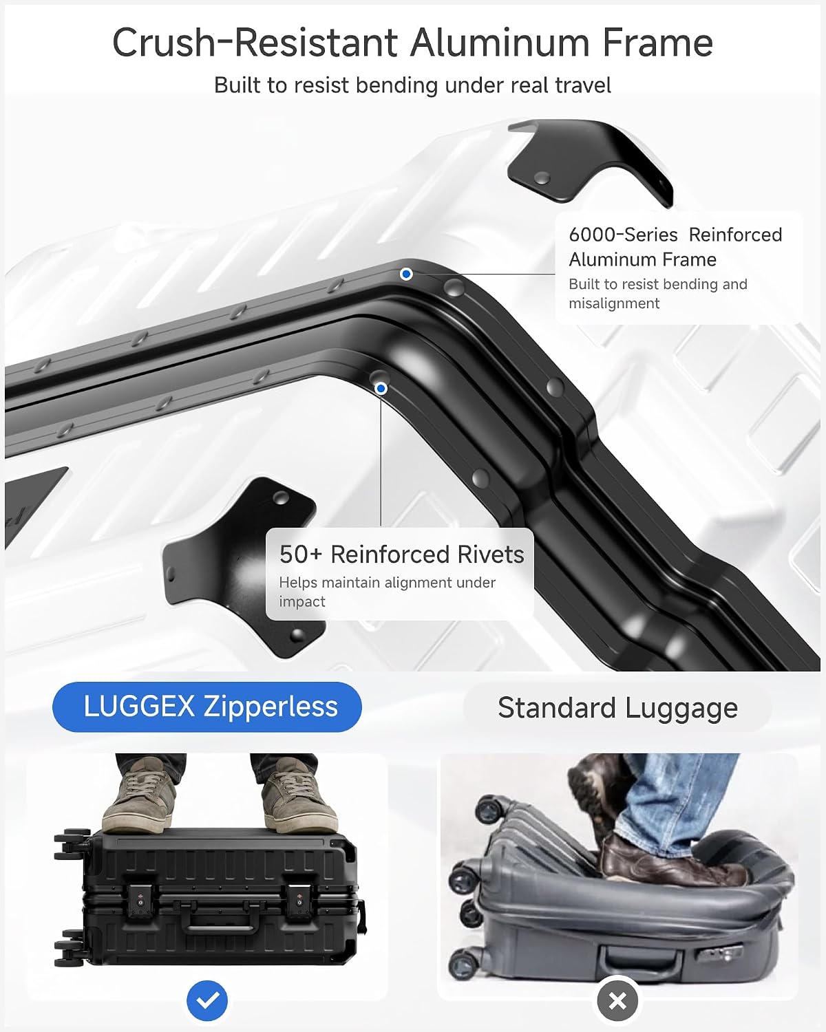 LUGGEX Zipperless Checked Suitcase, Aluminum Frame, Charcoal Metallic, 28" | Checked Luggage, 100% PC Hard Shell, 8010S Aluminum Frame, 8 Spinner Wheels, TSA Lock, Hard Shell, ZX-Core