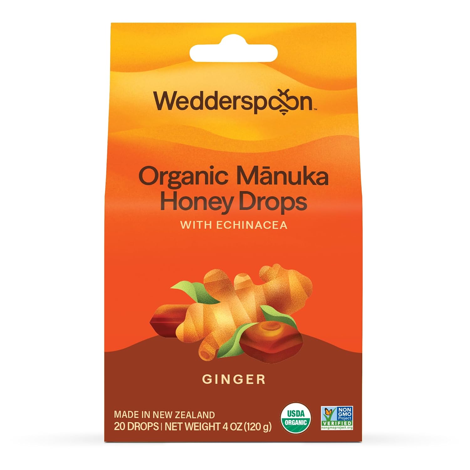 Wedderspoon Organic Manuka Honey Drops, Honey & Echinacea, 20 Count | USDA Organic | Genuine New Zealand Honey, Natural Remedy for Dry Throat | USDA Organic, Genuine New Zealand Honey, Natural Remedy for Dry Throat