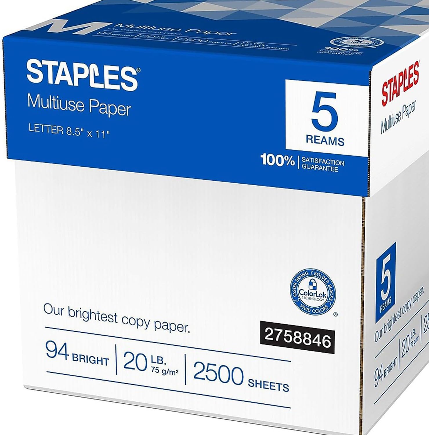 Staples Multipurpose Copy Paper, 8.5x11, 20lb, 94 Bright, 10 Reams/Carton | 5,000 white sheets total. Smooth finish reduces jams in copiers, laser & inkjet printers.