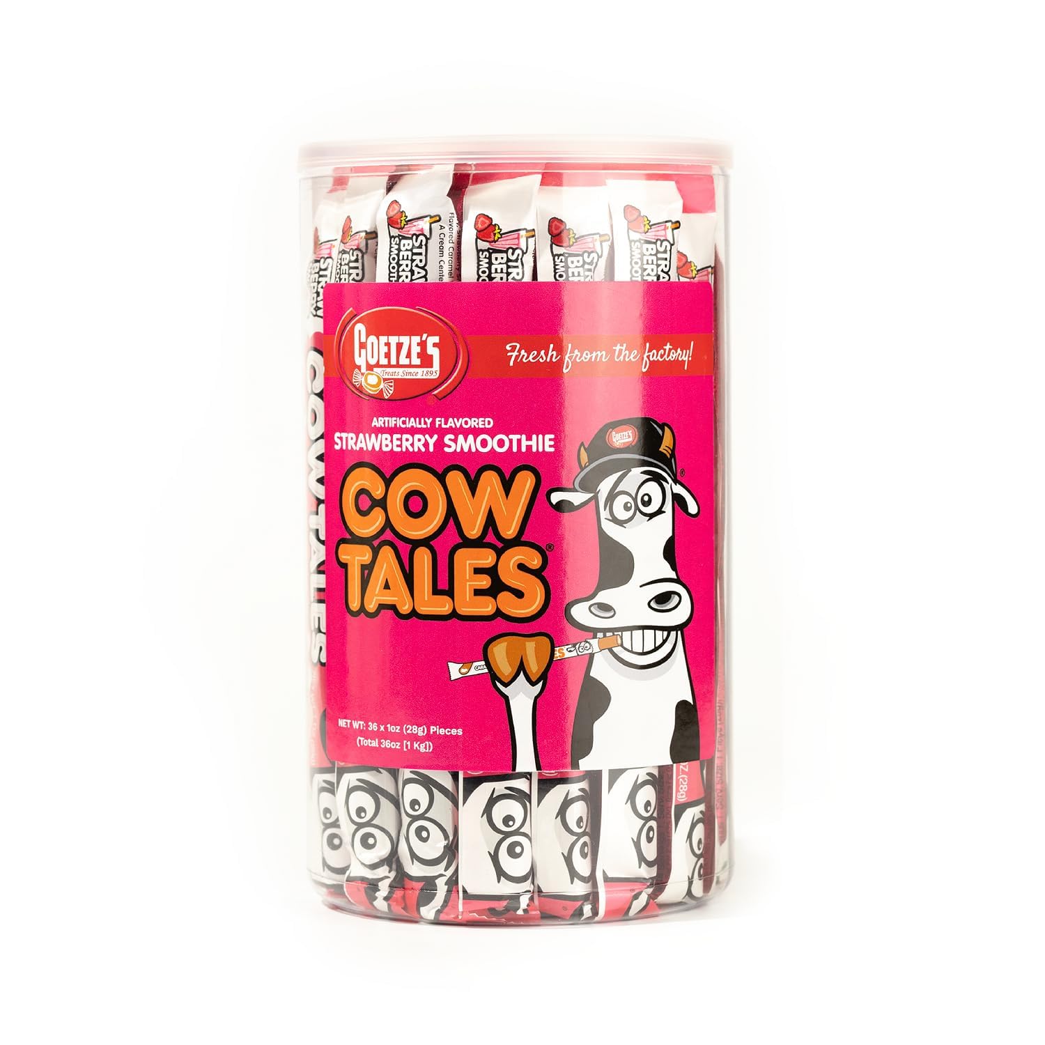 Goetze's Candy Strawberry Smoothie Cow Tales, 2.25 lb 36ct Canister | Chewy Strawberry Caramel and Cream Filling