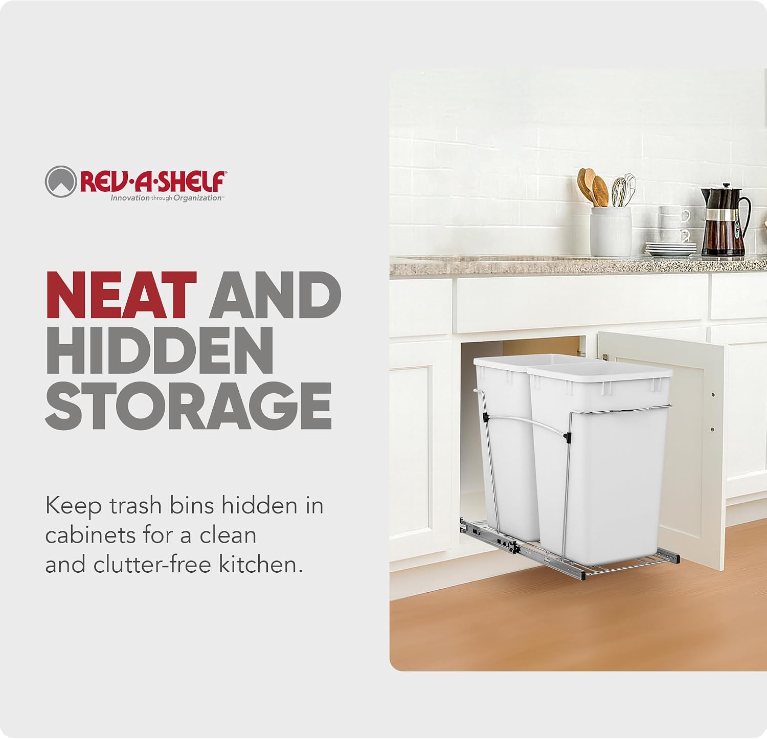 Rev-A-Shelf Double 27 Qt Pullout Trash Can for Base Kitchen Cabinets, Garbage Waste Bin System with Full Extension Slides, Min Opening Width of 11.5", Metallic Silver, RV-15KD-17C S