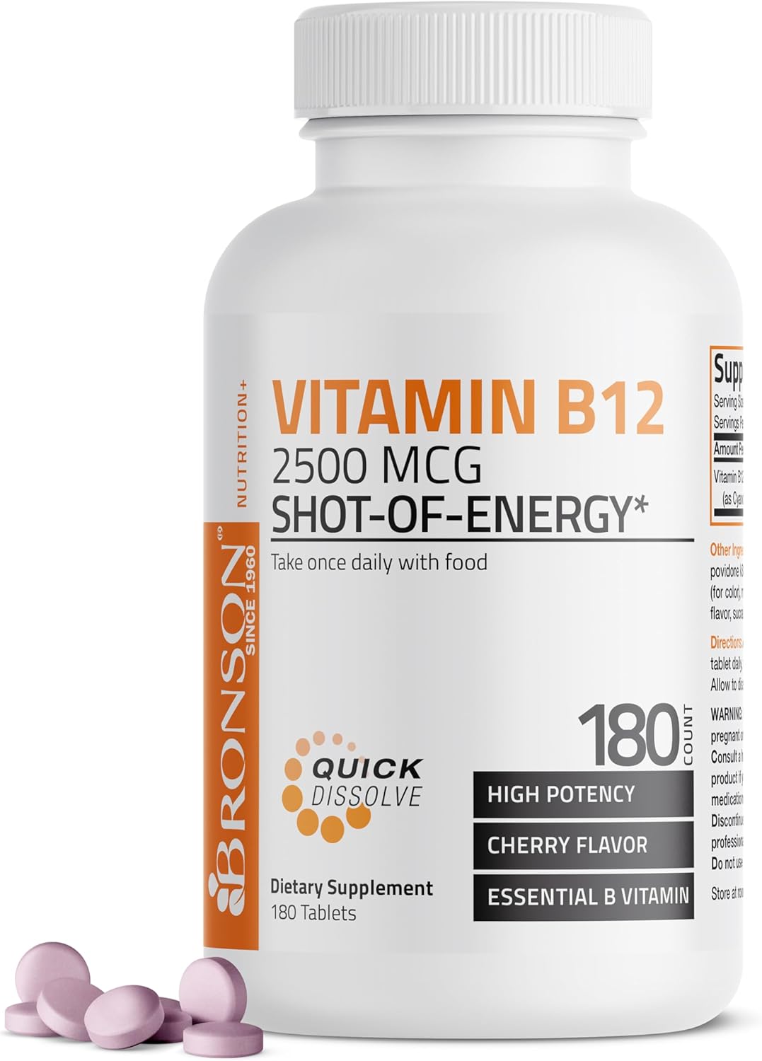 Vitamin B12 2500mcg Shot of Energy Fast Dissolve Chewable Tablets - Quick Release Cherry Flavored Sublingual B12 Vitamin - Supports Nervous System, Healthy Brain Function Energy Production – 90 Count