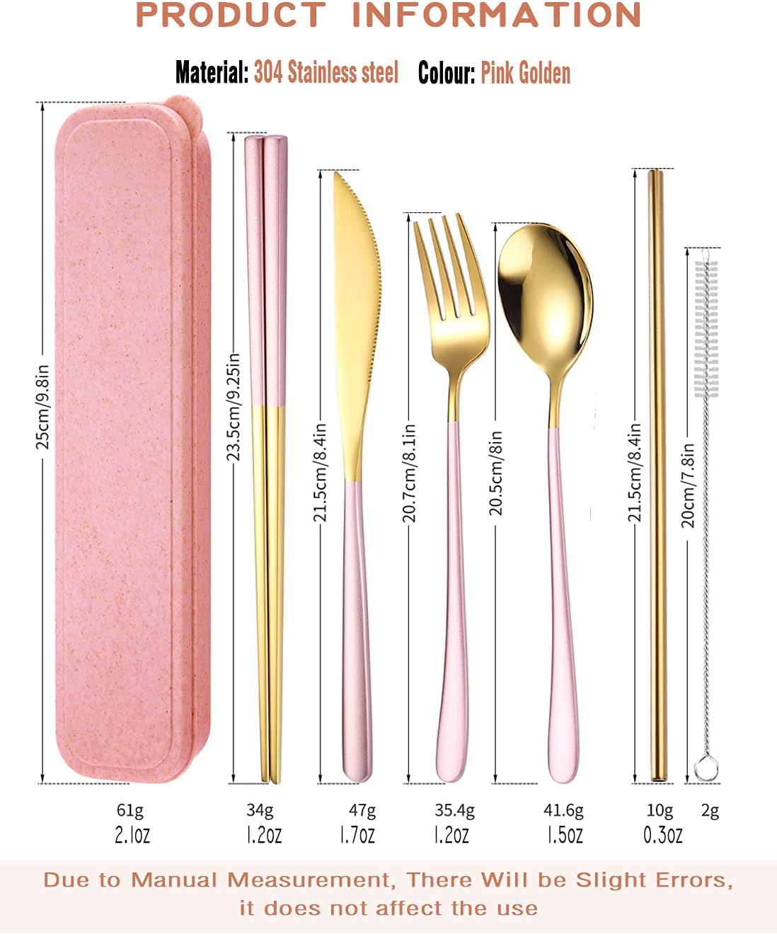 AARAINBOW 6 Pieces 18/8 Stainless Steel Flatware Set Portable Reusable Cutlery Set Travel Utensils Set Including Chopsticks Knife Fork Spoon Straws