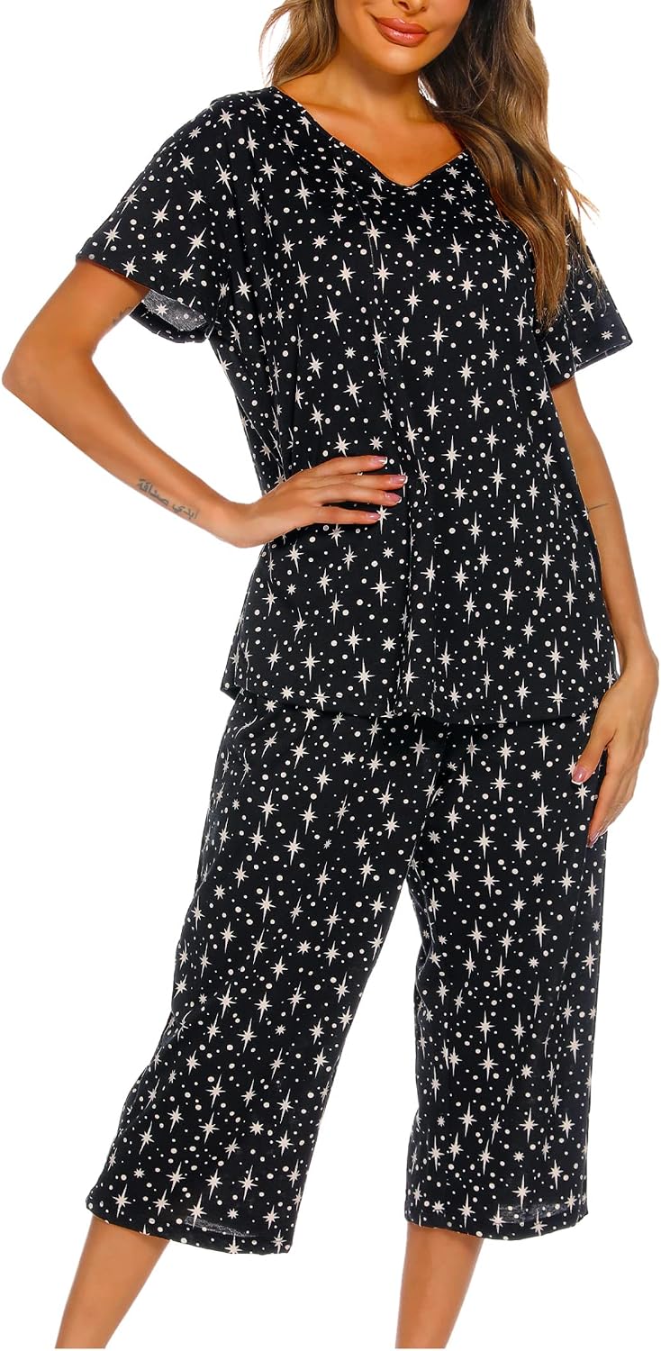 ENJOYNIGHT Womens Pajama Set Cotton Summer Pj Top with Capri Pant Sleepwear