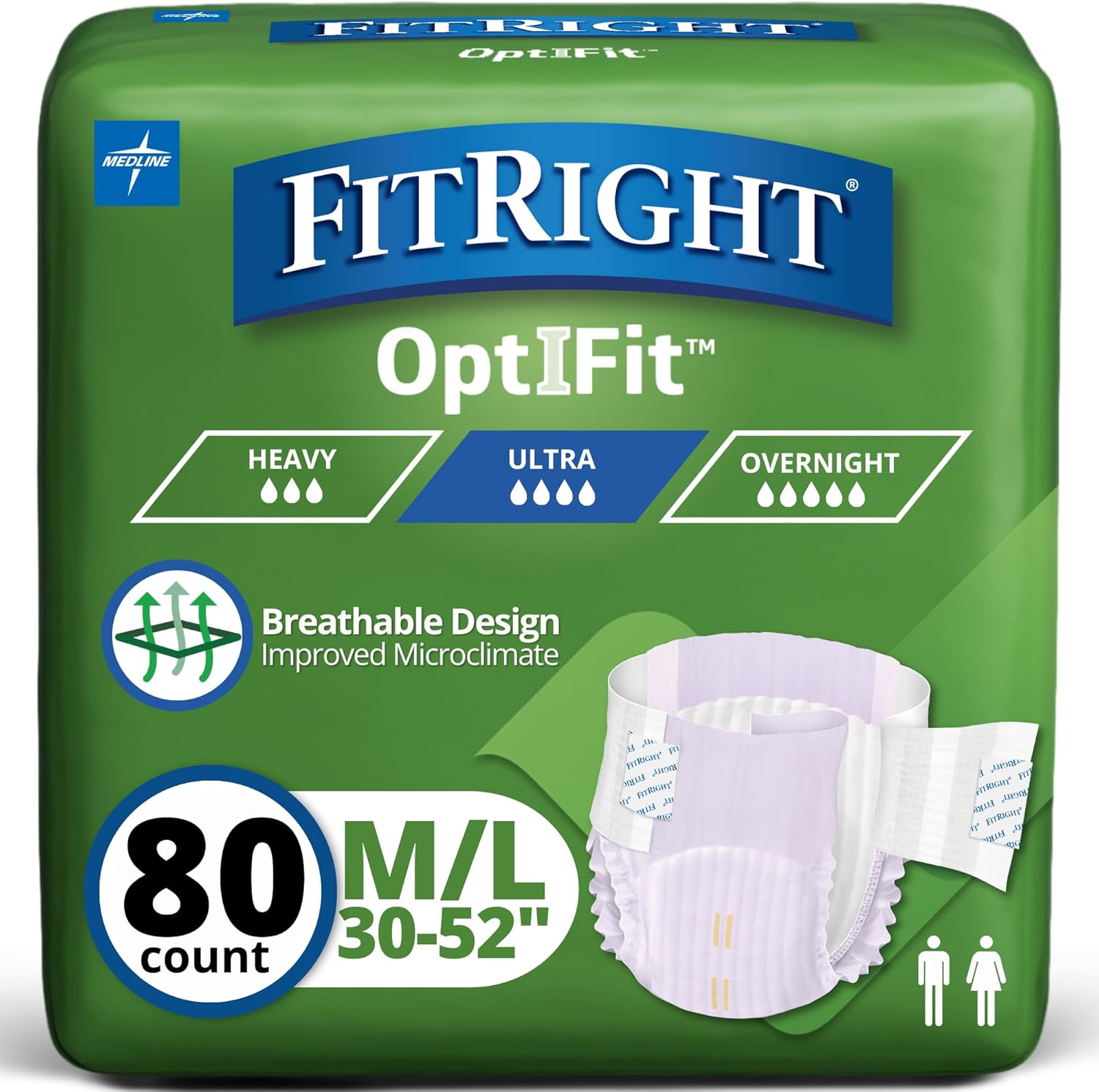 FitRight Stretch Adult Incontinence Briefs with Tabs, Ultra Absorbent, Size 1, 30" to 52", 20 Count