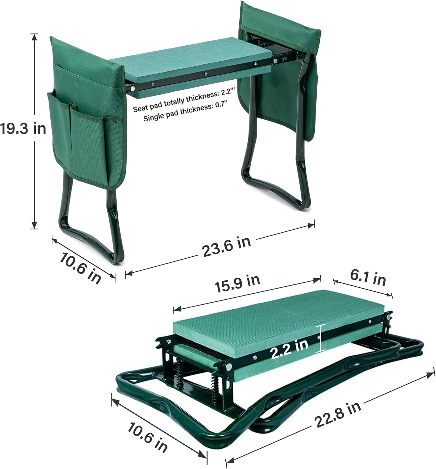 iPower Garden Kneeler and Seat Foldable Kneeling Bench with Sturdy Soft EVA Foam Pad for Outdoor, Fishing, Camping, 2 Tool Pouches Included, Green