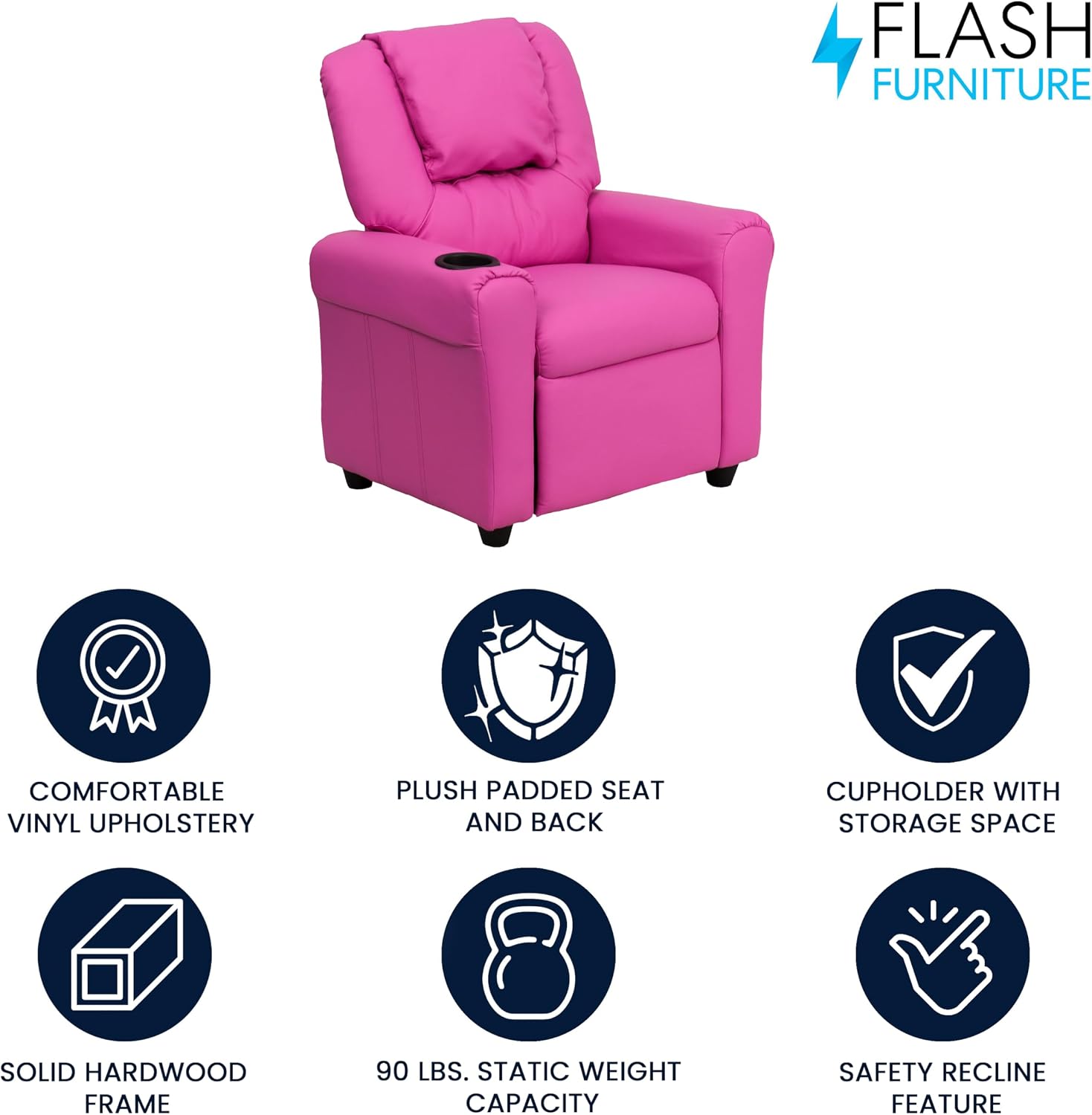 Flash Furniture Vana LeatherSoft Kids Recliner with Cup Holder, Headrest, and Safety Recline, Contemporary Reclining Chair for Kids, Supports up to 90 lbs., Brown | Manual Recline, Padded Seat and Back, Child-Friendly Design, Safety Recline Feature