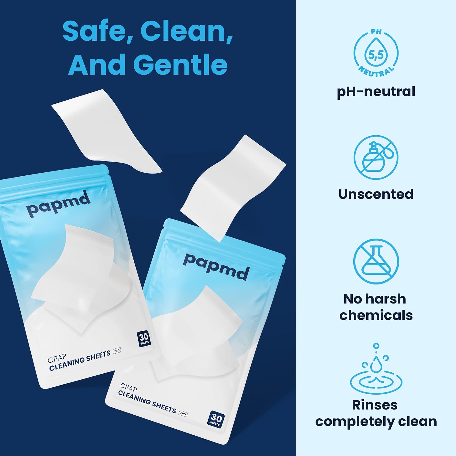 PAPMD CPAP Dissolvable Cleaning Sheets Pro, Light-Moderate Buildup | 30 PCS | Unscented & Dissolvable CPAP cleaning supplies for mask, hose & chamber. Unscented soak & rinse — no scrubbing, no residue.