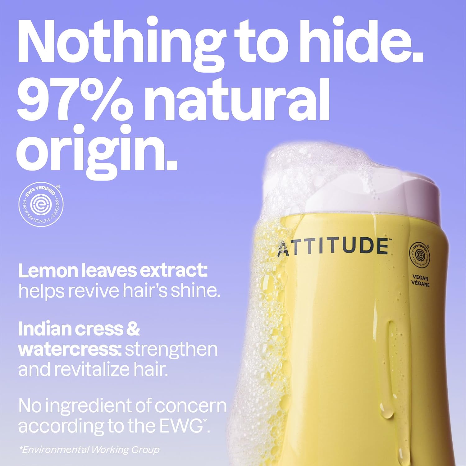 ATTITUDE Clarifying Hair Shampoo, EWG Verified, Restores Shine, Naturally Derived Ingredients, Vegan and Plant Based, Lemon Leaves and White Tea, 16 Fl Oz