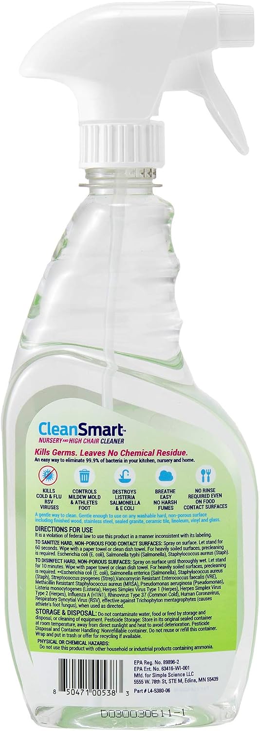 CleanSmart Nursery & High Chair Cleaner, Hypochlorous Acid, 23 oz (2 pack) | Naturally Kills 99.9% of Viruses like RSV and Flu, Zero Residue