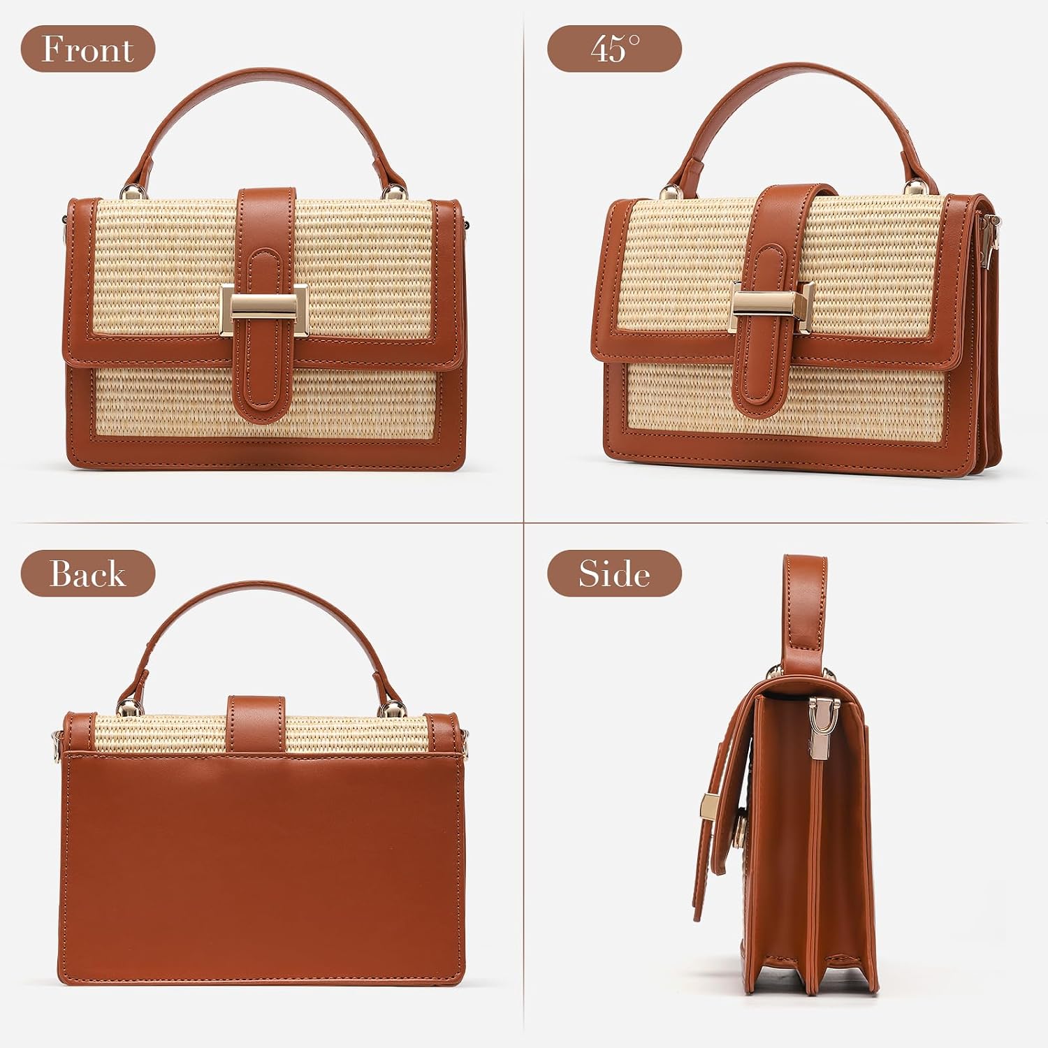 Straw Crossbody Bag, Vegan Leather Patchwork Summer Purse with Top Handle, Small Woven Bag for Beach & Wedding
