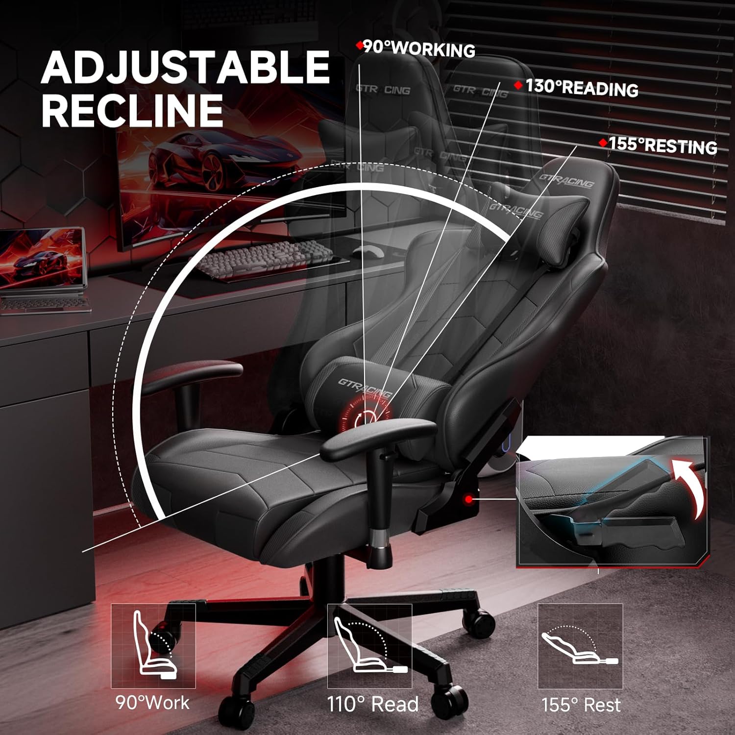 GTRACING Gaming Chair Racing Office Computer Ergonomic Video Game Chair Backrest and Seat Height Adjustable Swivel Recliner with Headrest and Lumbar