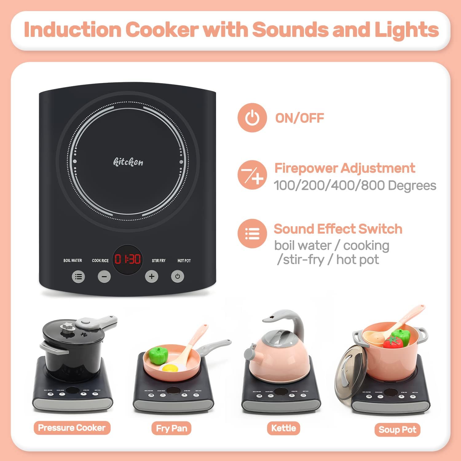 CUTE STONE Pretend Play Kitchen Toy with Cookware Steam Pressure Pot and Electronic Induction Cooktop, Cooking Utensils, Toy Cutlery, Cut Play Food