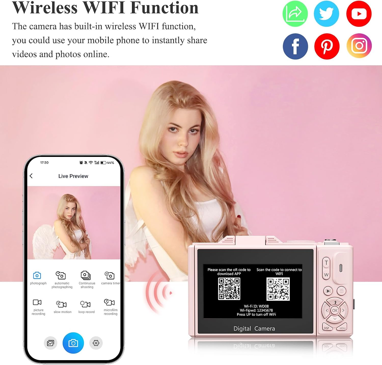 4K Digital Camera for Photography, 64MP Vlogging Camera for YouTube, WiFi Vlog Cameras with 18X Digital Zoom, 3'' Flip Screen and 32GB TF Card, Pink