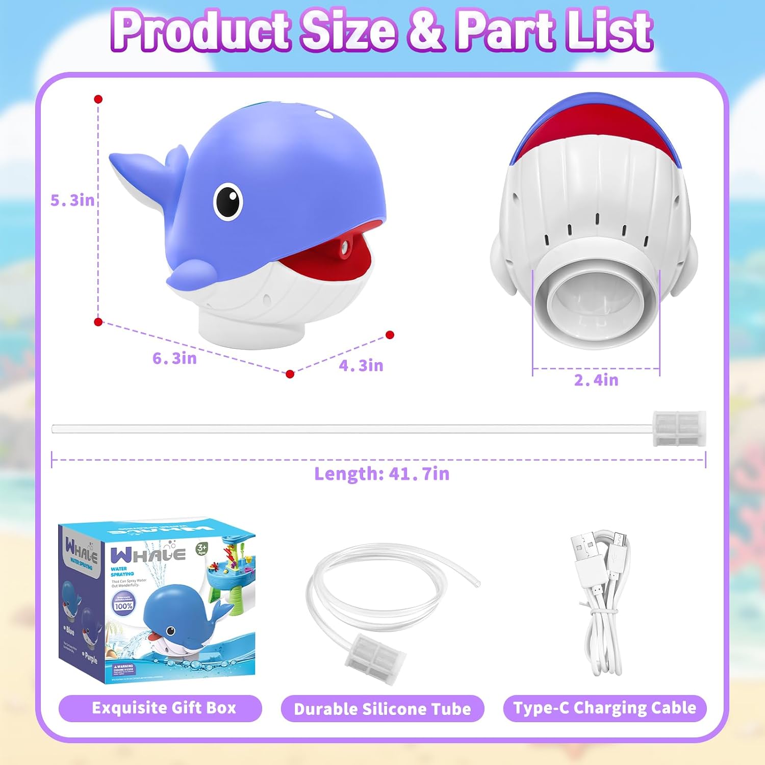 Water Table Pump, Rechargeable Water Pump for Water Table, 3.5 Hours Non-Stop Whale Pump with Sprinkler Outdoor Games Water Toys for Kids Toddlers, Outside Water Play Table Accessories (Blue)